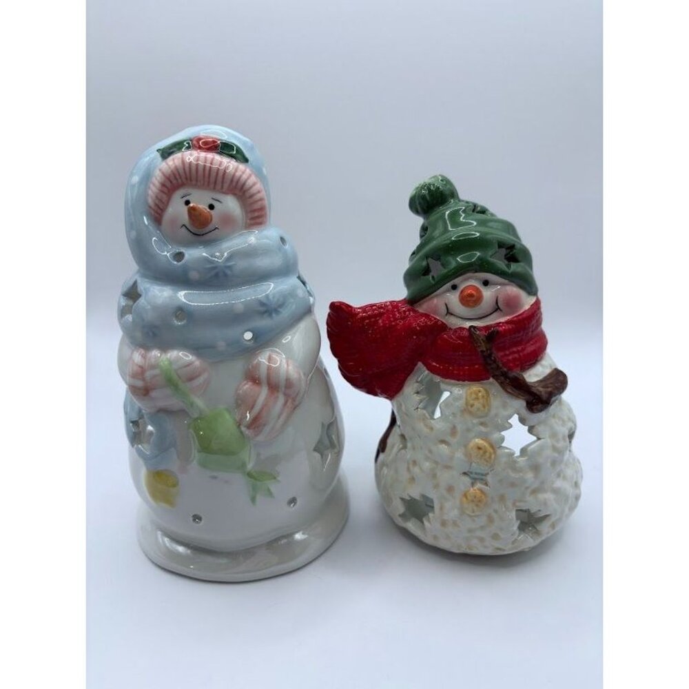 Ceramic Snowman Candle Holders Set Of 2 For Holiday Decor